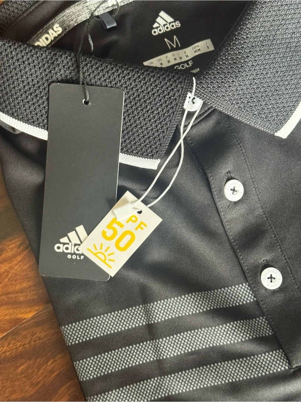adidas Black Golf Polo Shirt with 3 Stripe Detail 50 UPF